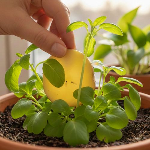 Diagnose von Trauermückenlarven mit der Kartoffel-Methode: Eine Kartoffelscheibe auf der Erde lockt Larven zur Identifizierung des Schadbilds an.