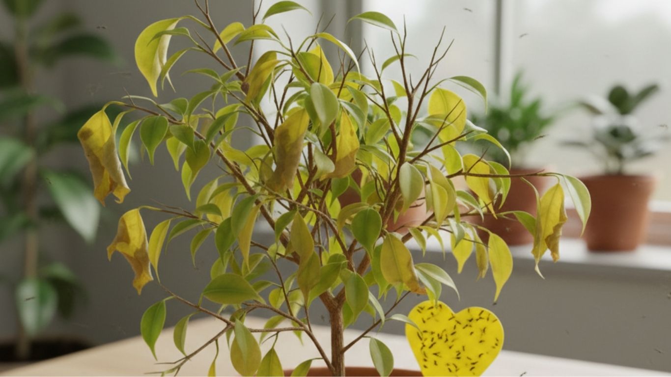 Folgen eines Trauermückenbefalls: Kränkelnder Ficus Benjamini mit gelben Blättern, Blattverlust und vollbesetzter Gelbtafel durch Wurzelschäden der Larven.