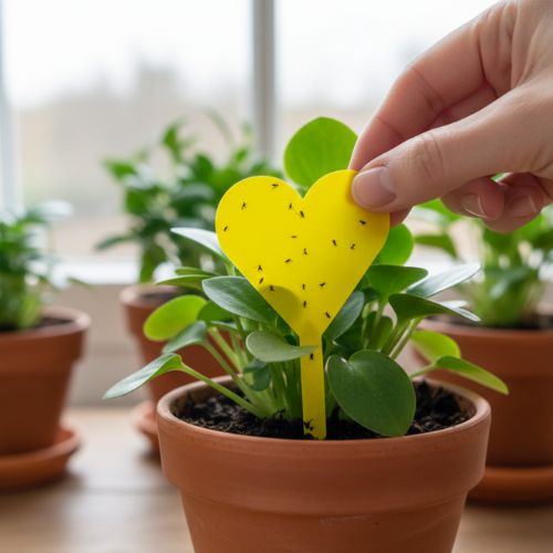 Diagnose von Trauermücken mit Gelbtafeln: Eine Hand prüft eine herzförmige Gelbsticker-Falle auf klebende erwachsene Trauermücken im Pflanzentopf.