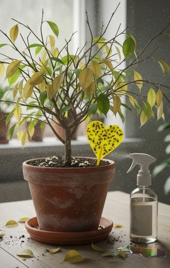 Warum Chemie keine Lösung gegen Trauermücken ist: Ein kränkelnder Ficus Benjamini mit Blattverlust neben einer chemischen Sprühflasche illustriert die Nachteile herkömmlicher Pestizide.