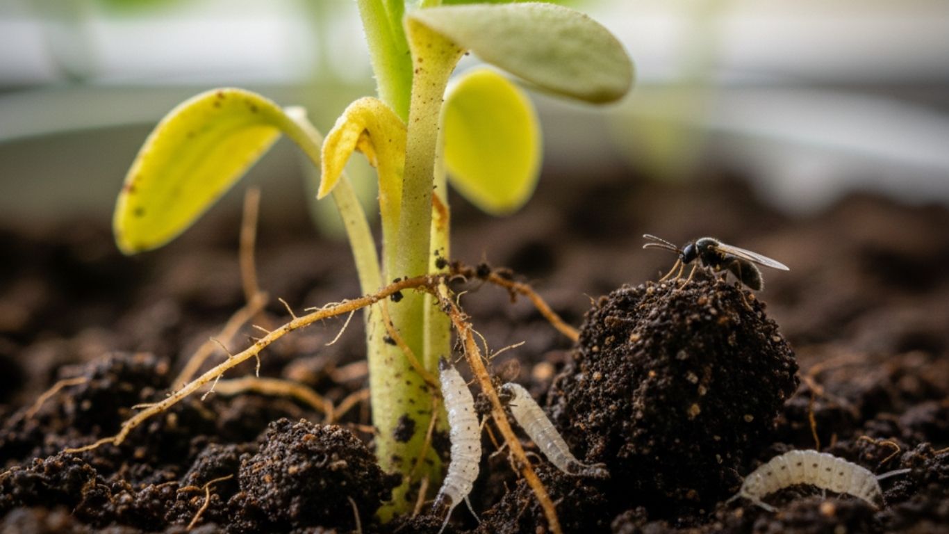 Detailansicht einer jungen Pflanze in dunkler Erde, an deren freiliegenden Wurzeln mehrere helle Trauermückenlarven fressen.