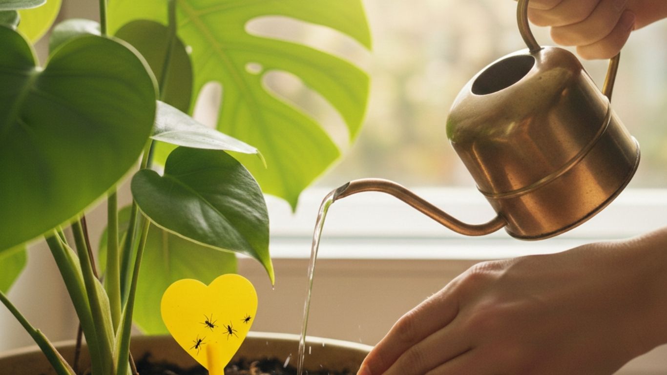 Trauermücken bekämpfen. Eine Person gießt eine Monstera-Zimmerpflanze mit einer goldenen Gießkanne, in der Erde steckt eine gelbe Gelbtafel in Herzform gegen Trauermücken.