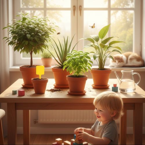 Die nemaplus® Nematoden Vorteile: Biologische Trauermückenbekämpfung, die sicher für Kinder und Haustiere ist, inmitten gesunder Zimmerpflanzen.